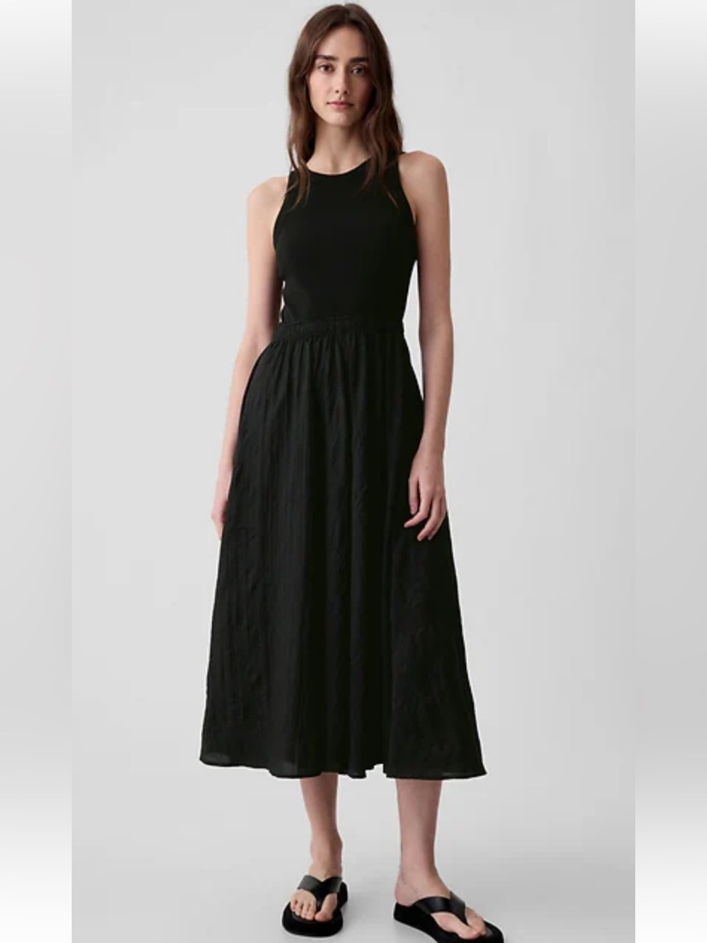 GAP Black Sleeveless Midi Dress with Crinkle Full Skirt